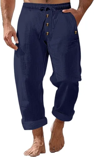 Linen Pants for Men Elastic Waist Drawstring Pants Beach Harem Summer Lounge Pants Lightweight Linen Trouser