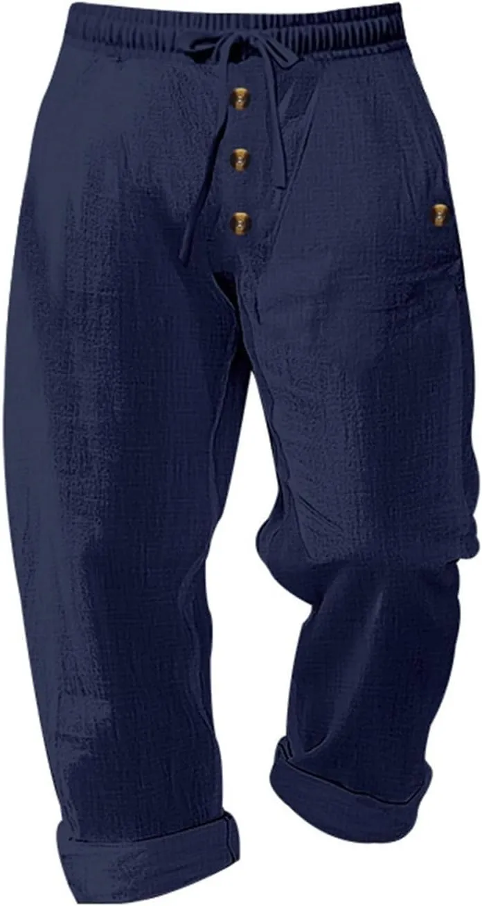 Linen Pants for Men Elastic Waist Drawstring Pants Beach Harem Summer Lounge Pants Lightweight Linen Trouser