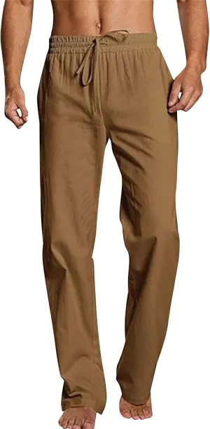 Linen Pants Men Drawstring Elastic Waist Pants Beach Summer Pants Lightweight Linen Trousers with Pockets