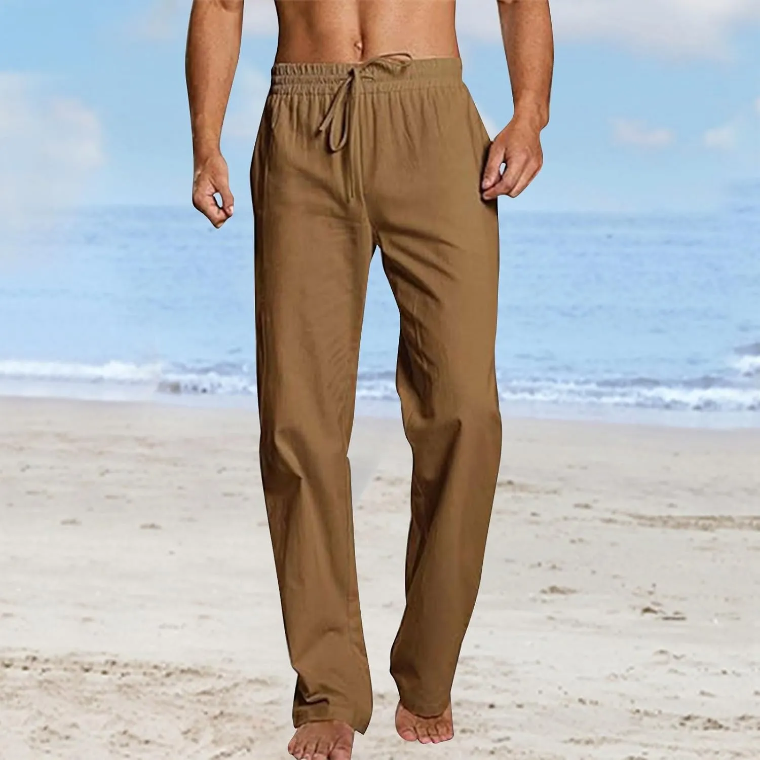 Linen Pants Men Drawstring Elastic Waist Pants Beach Summer Pants Lightweight Linen Trousers with Pockets