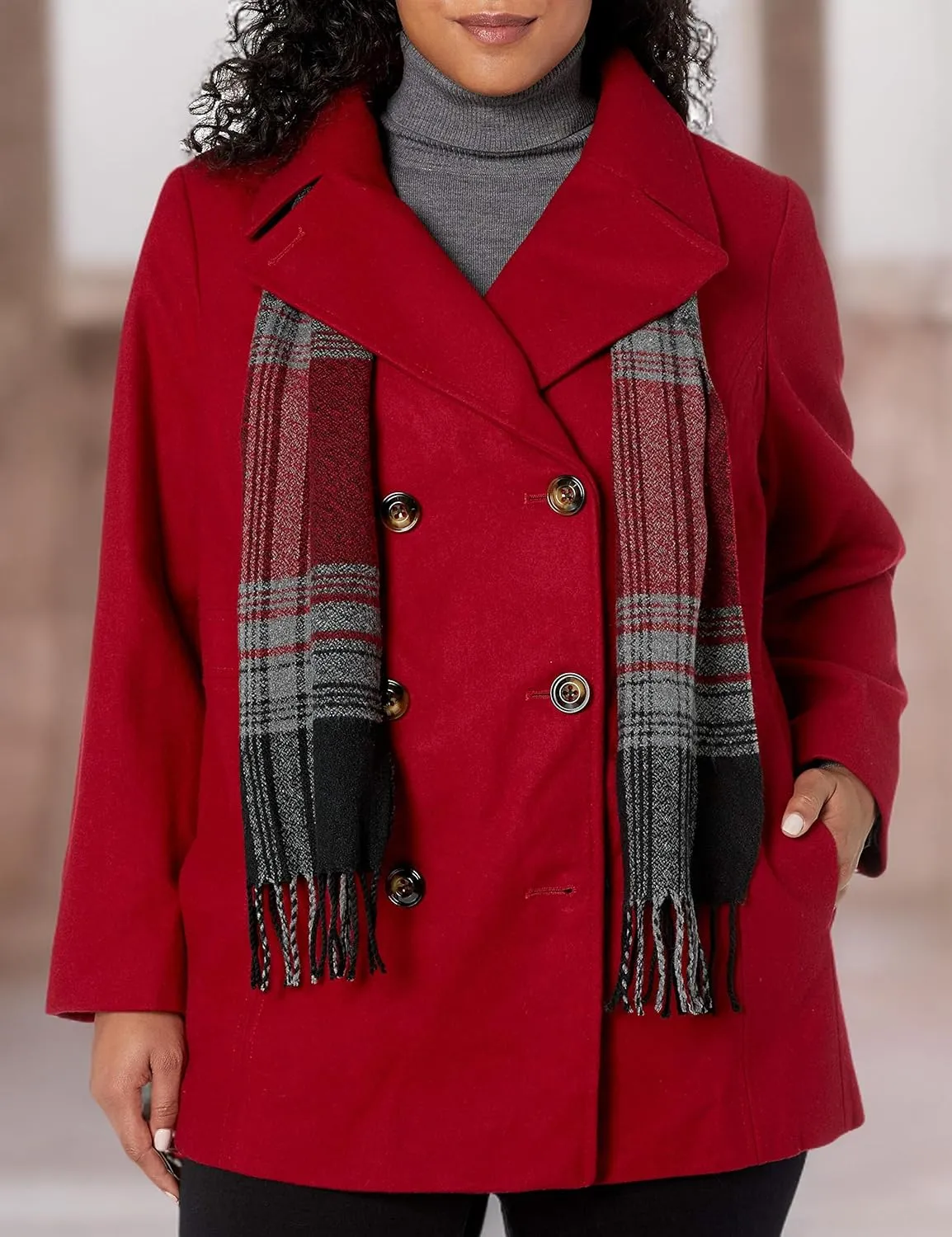 LONDON FOG Women's Plus-Size Double Breasted Peacoat with Scarf