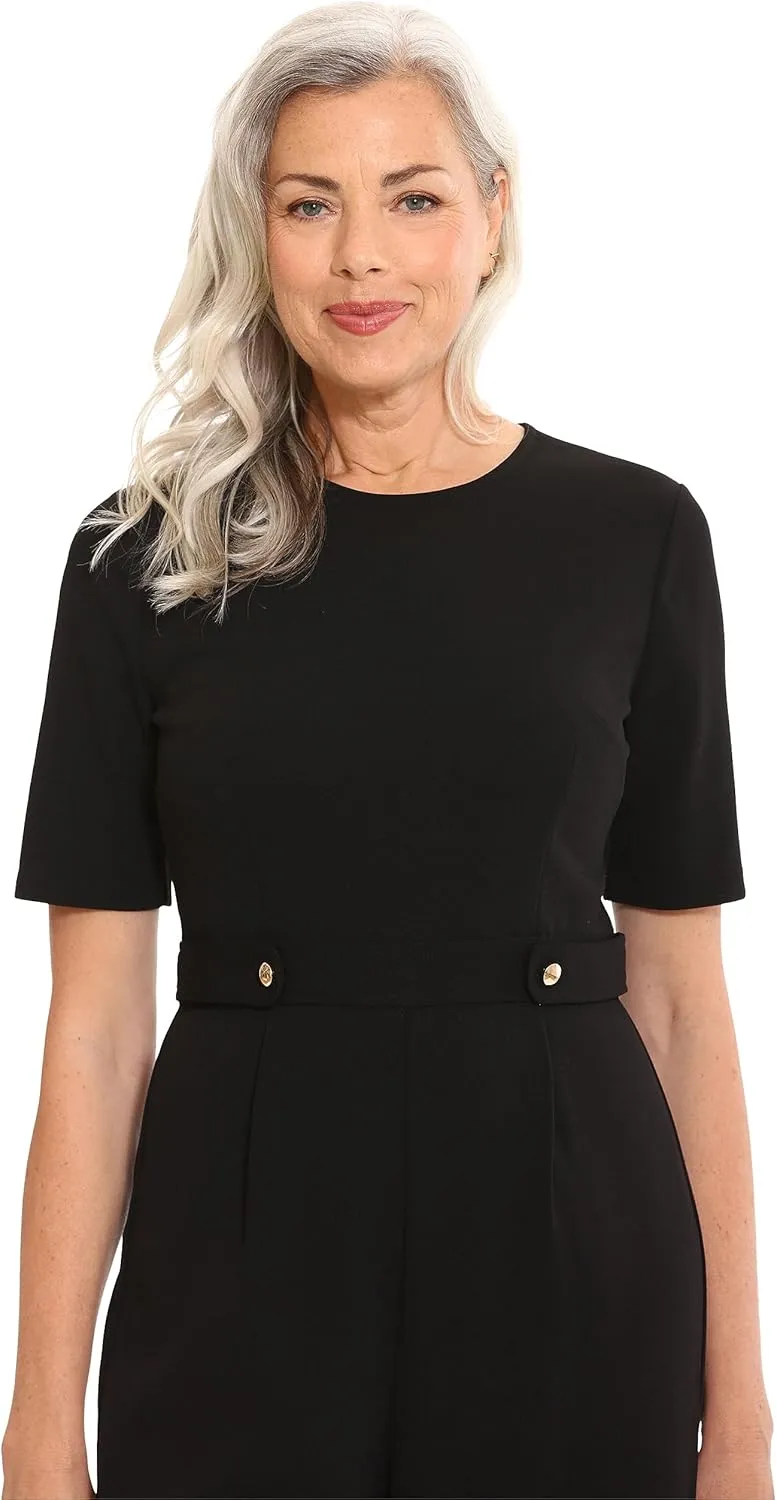 London Times womens Cropped Leg Crew Neck Side Tab Cropped Jumpsuit Polished Versatile Chic Career