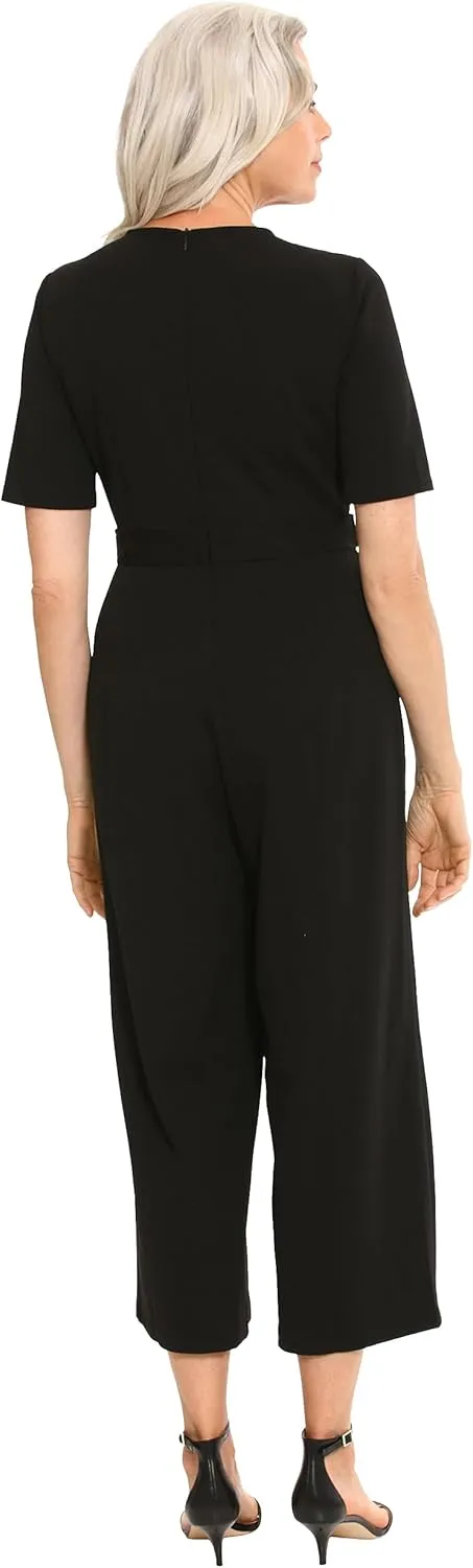 London Times womens Cropped Leg Crew Neck Side Tab Cropped Jumpsuit Polished Versatile Chic Career