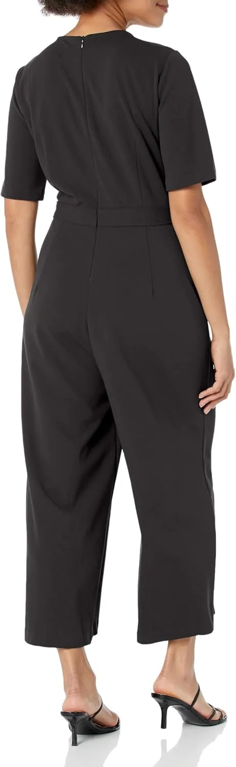 London Times womens Cropped Leg Crew Neck Side Tab Cropped Jumpsuit Polished Versatile Chic Career