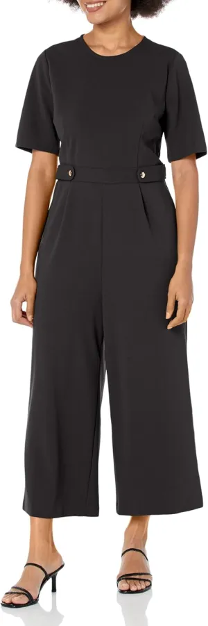 London Times womens Cropped Leg Crew Neck Side Tab Cropped Jumpsuit Polished Versatile Chic Career