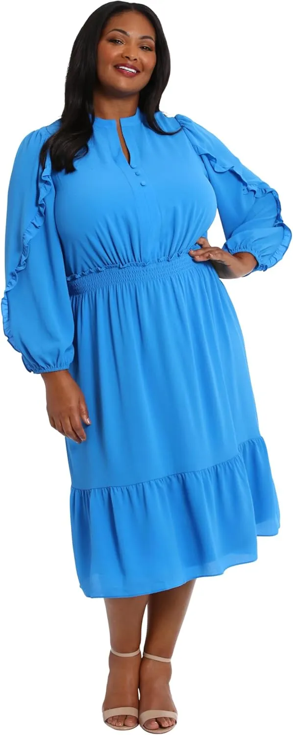 London Times Women's Midi Length Smocked Waist Split Neck Long Ruffle Sleeve Versatile Chic Polished Casual