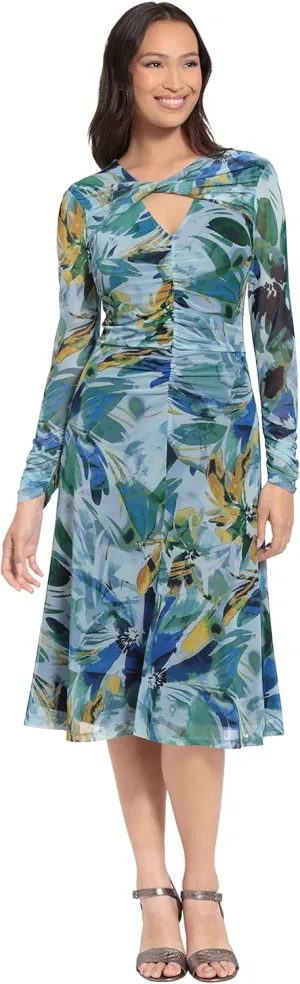 London Times Women's Twist Keyhole Neck Shirred Mesh Versatile Slimming Occasion Midi Dress