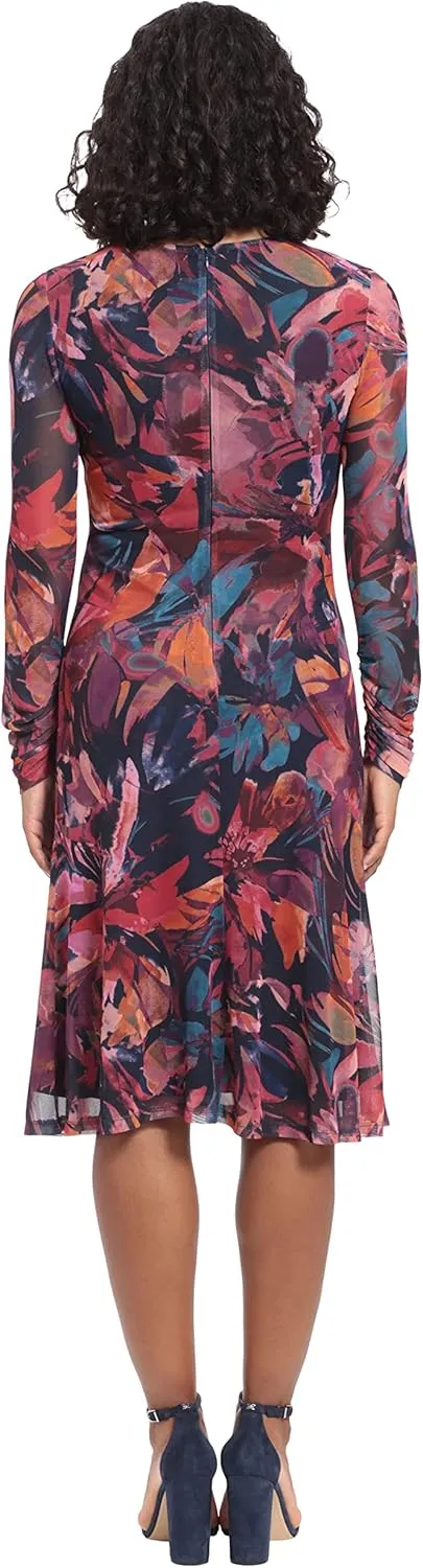 London Times Women's Twist Keyhole Neck Shirred Mesh Versatile Slimming Occasion Midi Dress