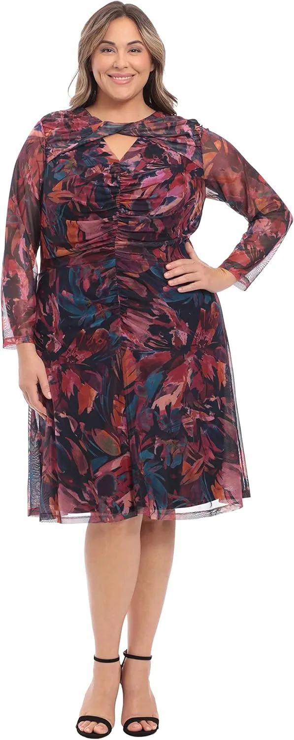 London Times Women's Twist Keyhole Neck Shirred Mesh Versatile Slimming Occasion Midi Dress