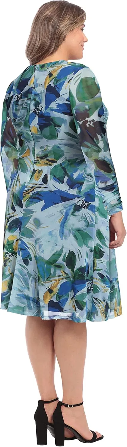 London Times Women's Twist Keyhole Neck Shirred Mesh Versatile Slimming Occasion Midi Dress