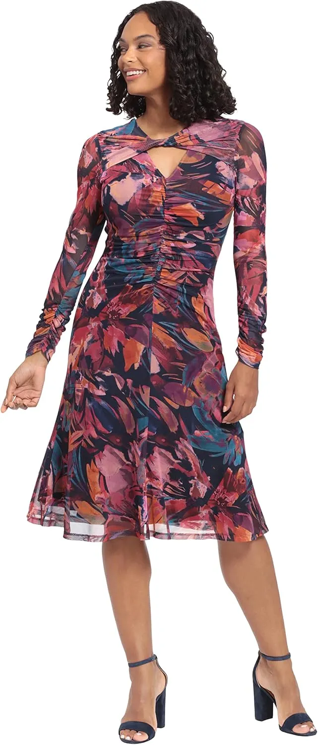 London Times Women's Twist Keyhole Neck Shirred Mesh Versatile Slimming Occasion Midi Dress