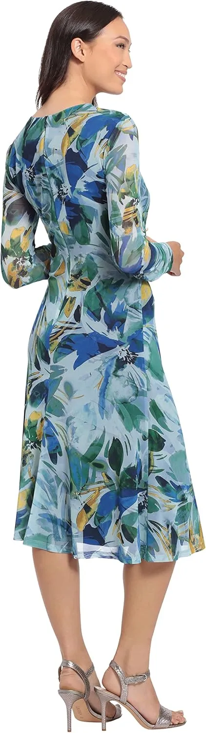 London Times Women's Twist Keyhole Neck Shirred Mesh Versatile Slimming Occasion Midi Dress
