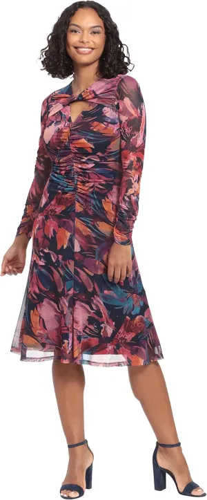 London Times Women's Twist Keyhole Neck Shirred Mesh Versatile Slimming Occasion Midi Dress