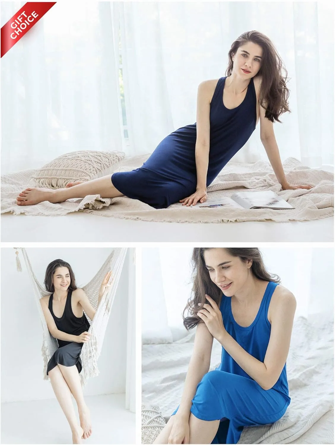 Long Nightgown for Women - Viscose Made from Bamboo, Soft Sleeveless Sleep Shirt Summer Cute Racerback Sleep Dress