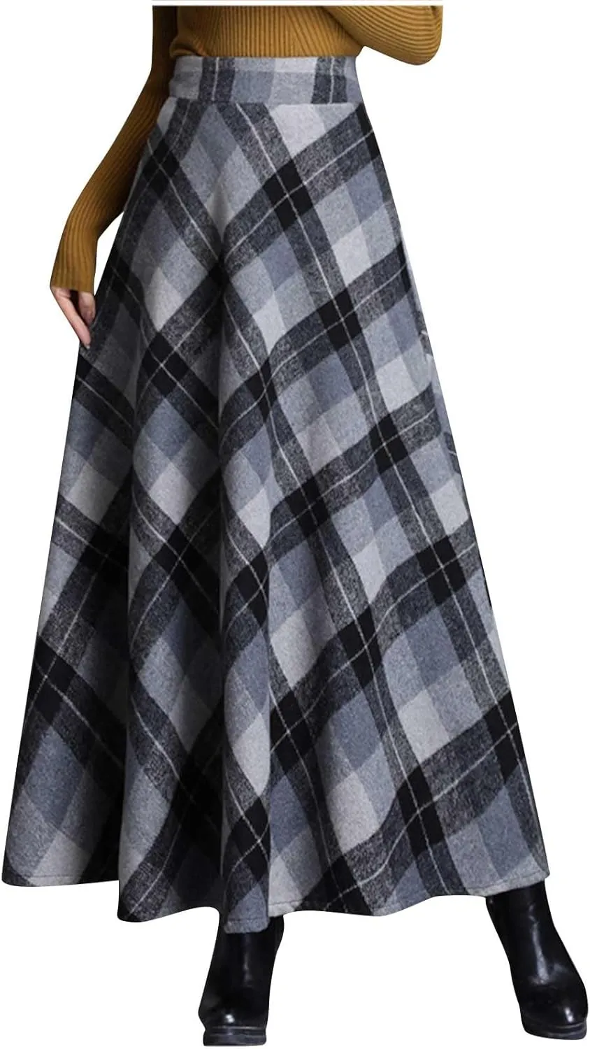 Long Plaid Skirt for Womens Winter Fall Warm High Elastic Waist A line Flared Pleated Skirt Casual Flowy Long Skirts