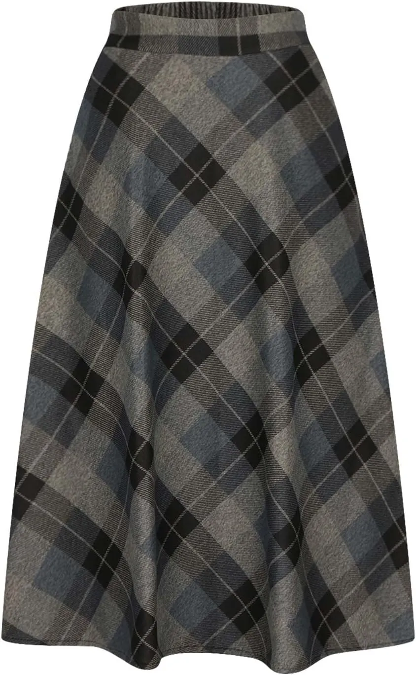 Long Plaid Skirt for Womens Winter Fall Warm High Elastic Waist A line Flared Pleated Skirt Casual Flowy Long Skirts