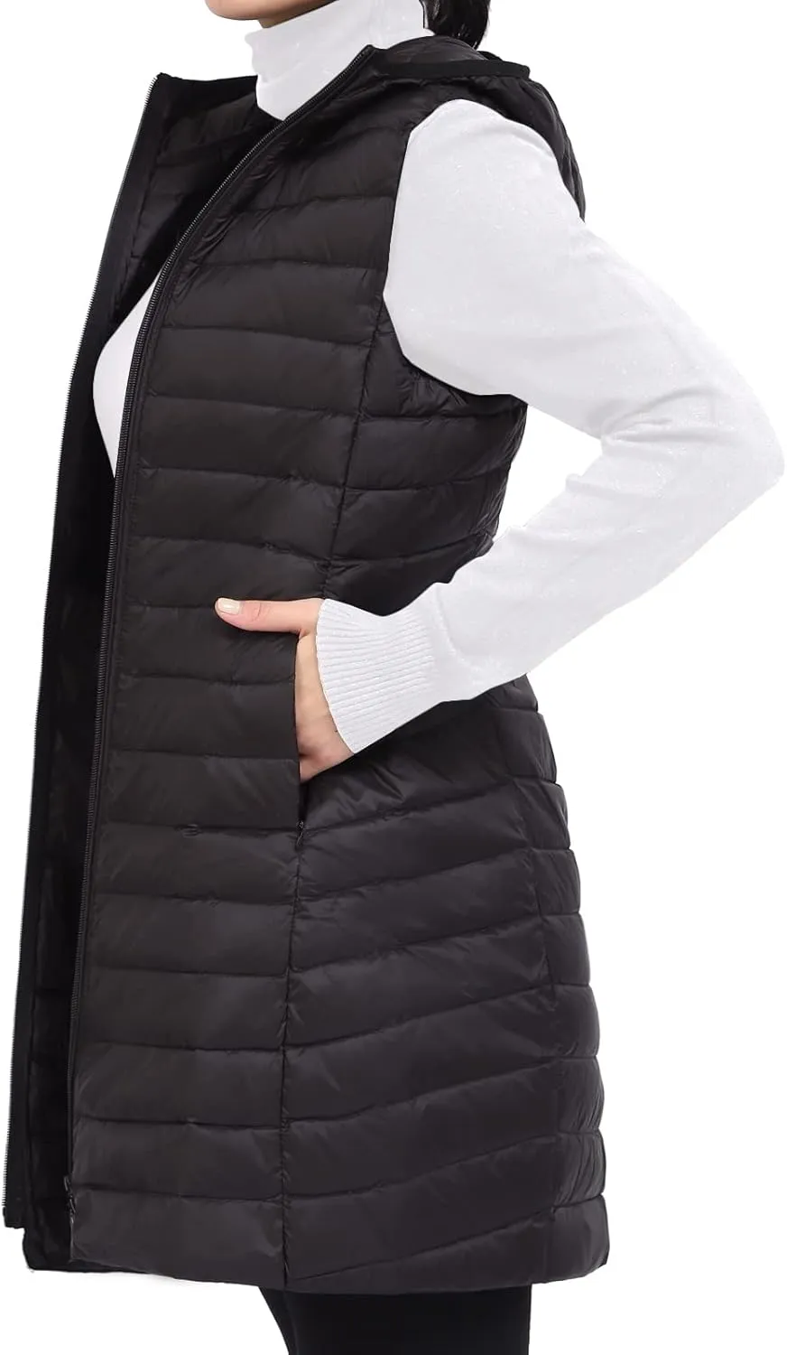 Long Puffer Vest with Hood Lightweight Down Vest Women Sleeveless Puffer Jacket Zipper