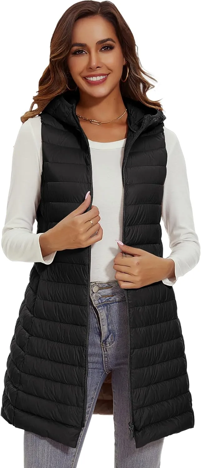 Long Puffer Vest with Hood Lightweight Down Vest Women Sleeveless Puffer Jacket Zipper