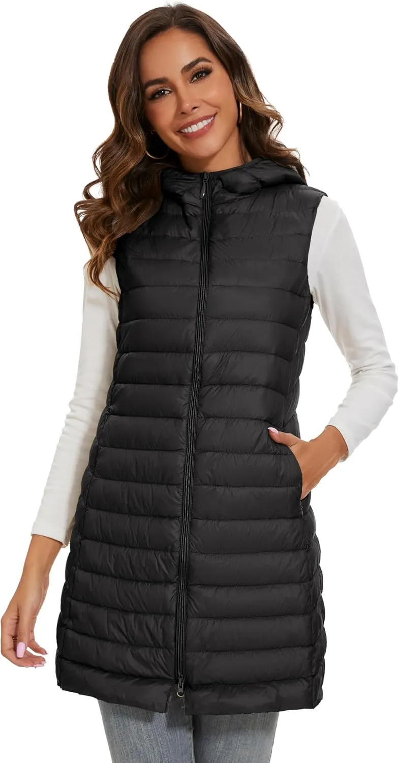 Long Puffer Vest with Hood Lightweight Down Vest Women Sleeveless Puffer Jacket Zipper