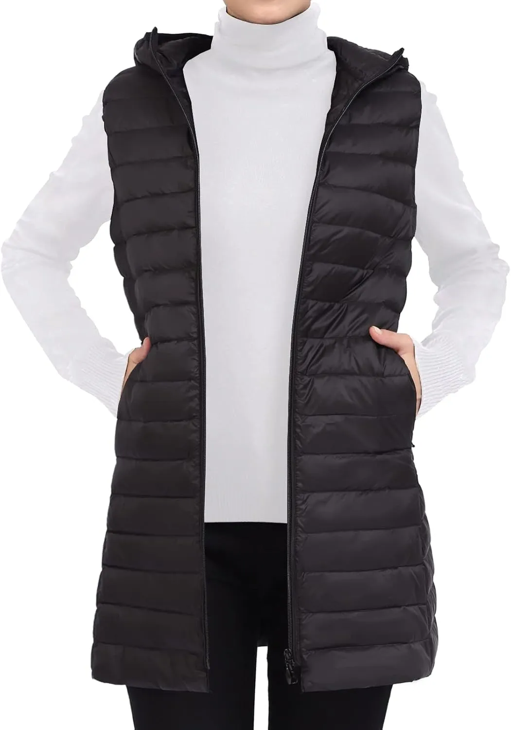 Long Puffer Vest with Hood Lightweight Down Vest Women Sleeveless Puffer Jacket Zipper