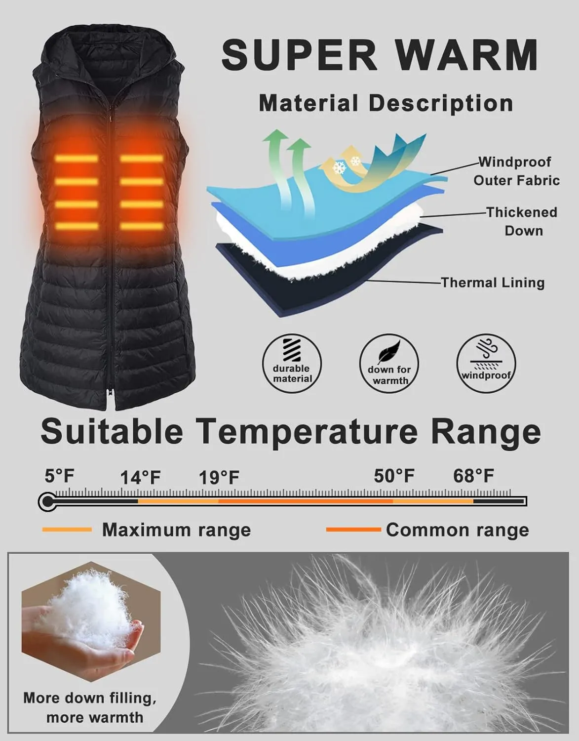 Long Puffer Vest with Hood Lightweight Down Vest Women Sleeveless Puffer Jacket Zipper