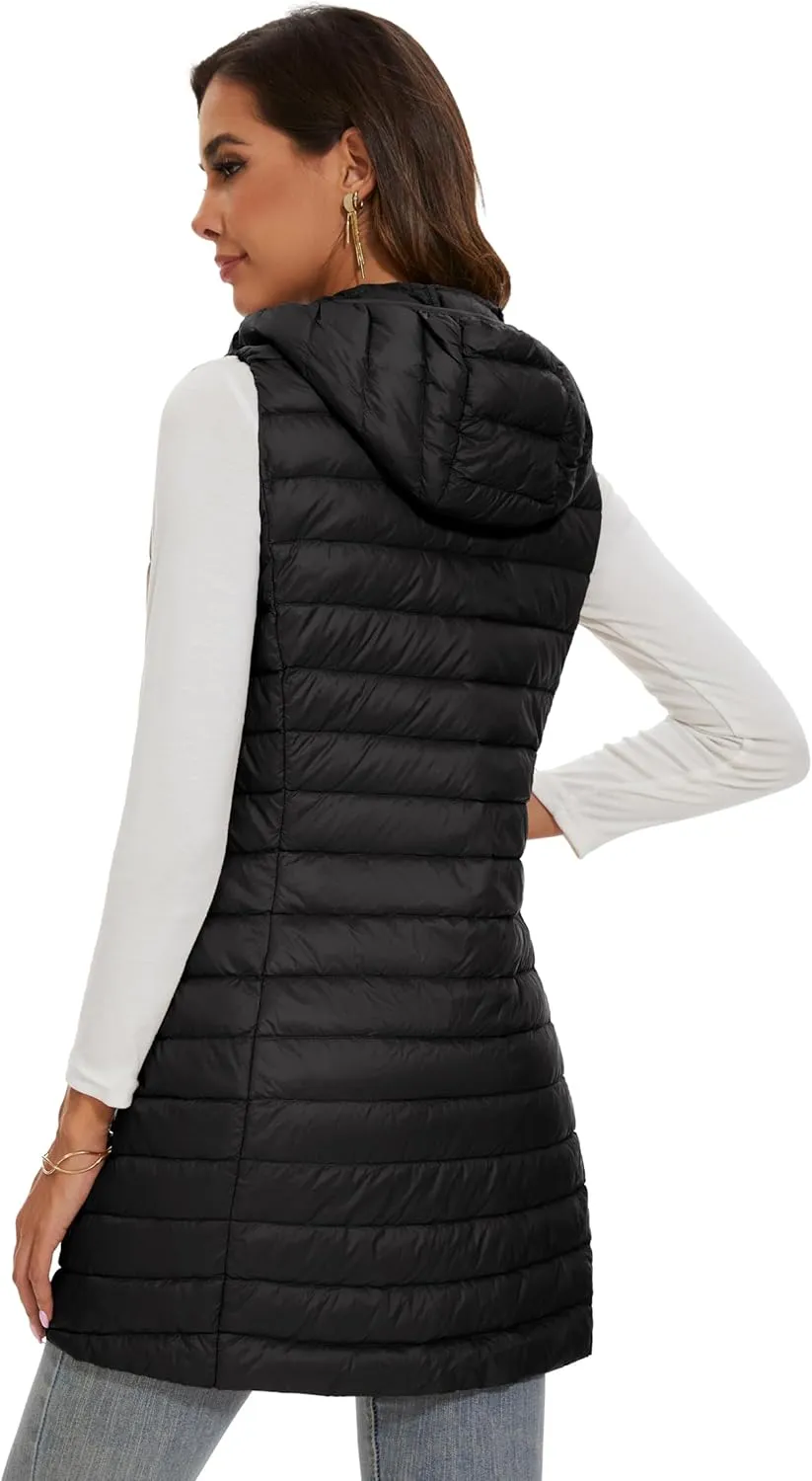 Long Puffer Vest with Hood Lightweight Down Vest Women Sleeveless Puffer Jacket Zipper