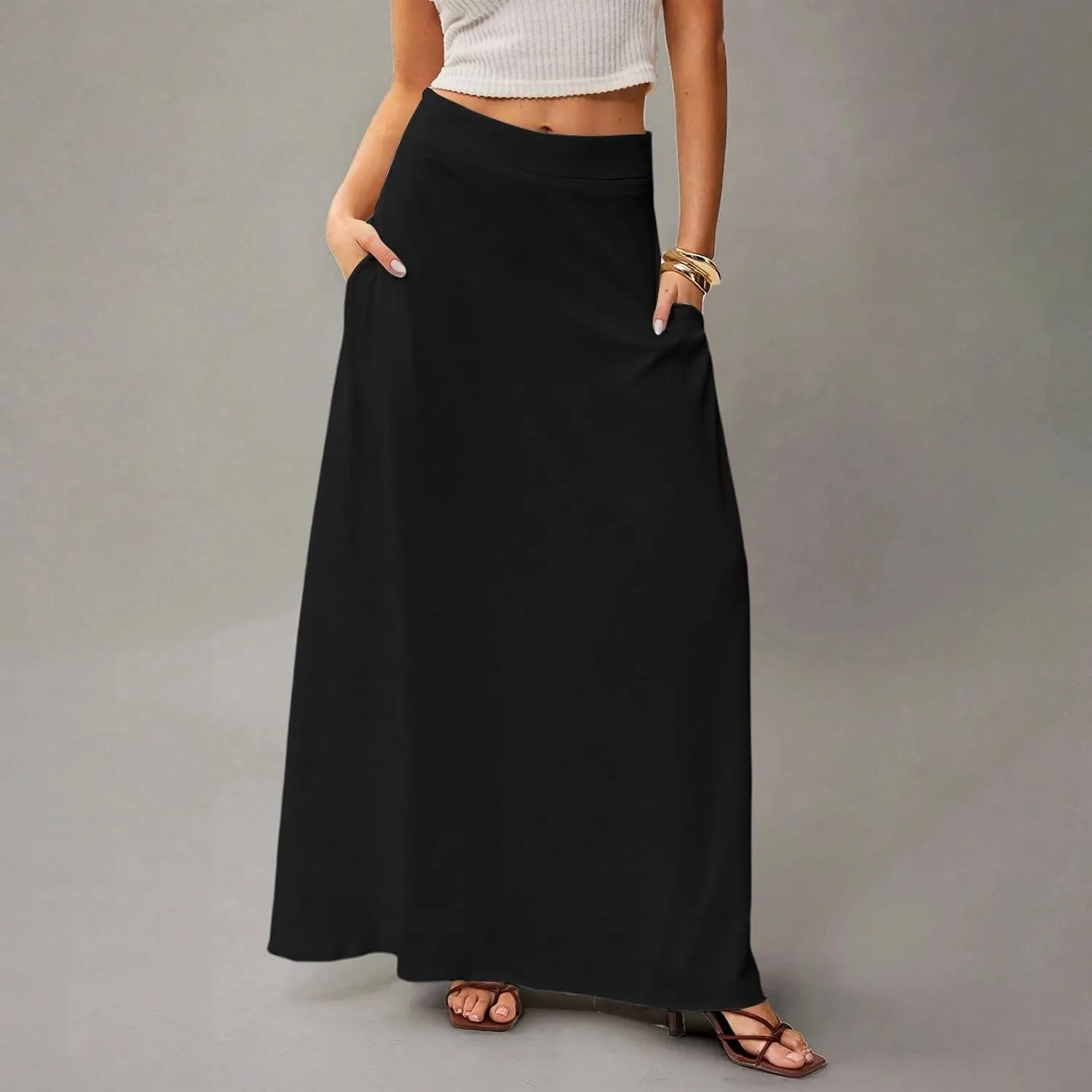 Long Skirts for Women 2025 Summer Vacation High Waisted A Line Skirt Elegant Work Office Flowy Maxi Skirt with Pockets