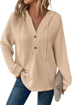 Long Sleeve Shirts for Women Waffle Knit Tunic Sweater Tops Casual Button Down Blouses Top Soft Hooded Sweatshirts