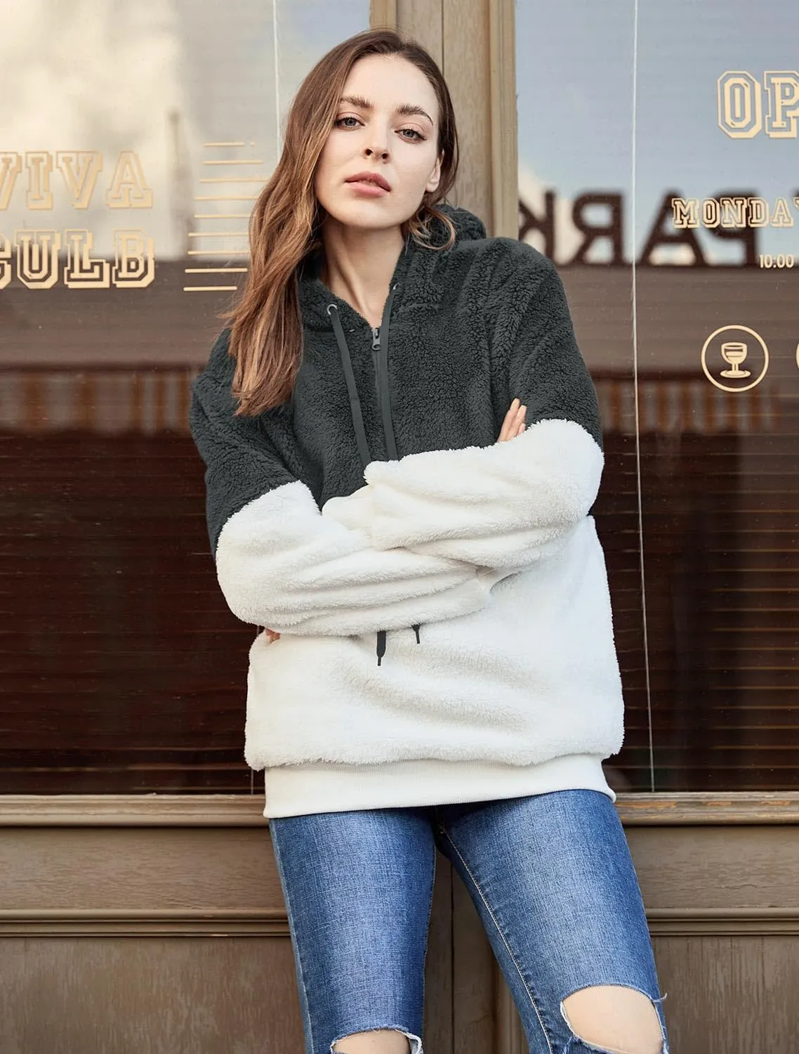 LONGYUAN Women Casual Hoodies Fashion Fuzzy Warm Pullover Sherpa Outerwear with Pockets