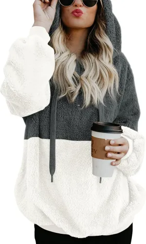 LONGYUAN Women Casual Hoodies Fashion Fuzzy Warm Pullover Sherpa Outerwear with Pockets