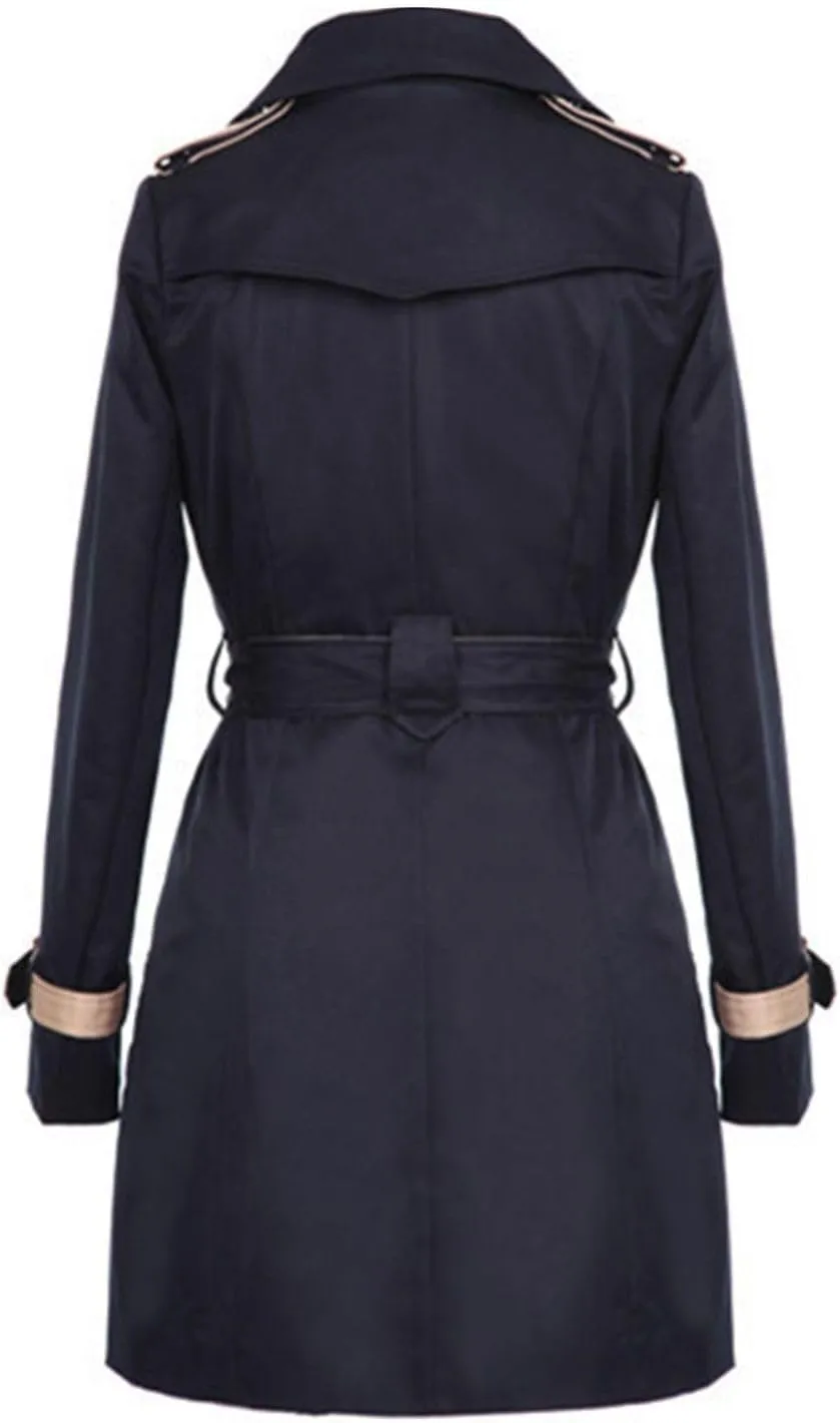 Lu's Chic Women's Trench Coat Contrast Color Double Breasted Jacket Fashion Dressy Overcoat Belted Slim Fit Outerwear Coat