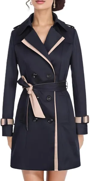 Lu's Chic Women's Trench Coat Contrast Color Double Breasted Jacket Fashion Dressy Overcoat Belted Slim Fit Outerwear Coat