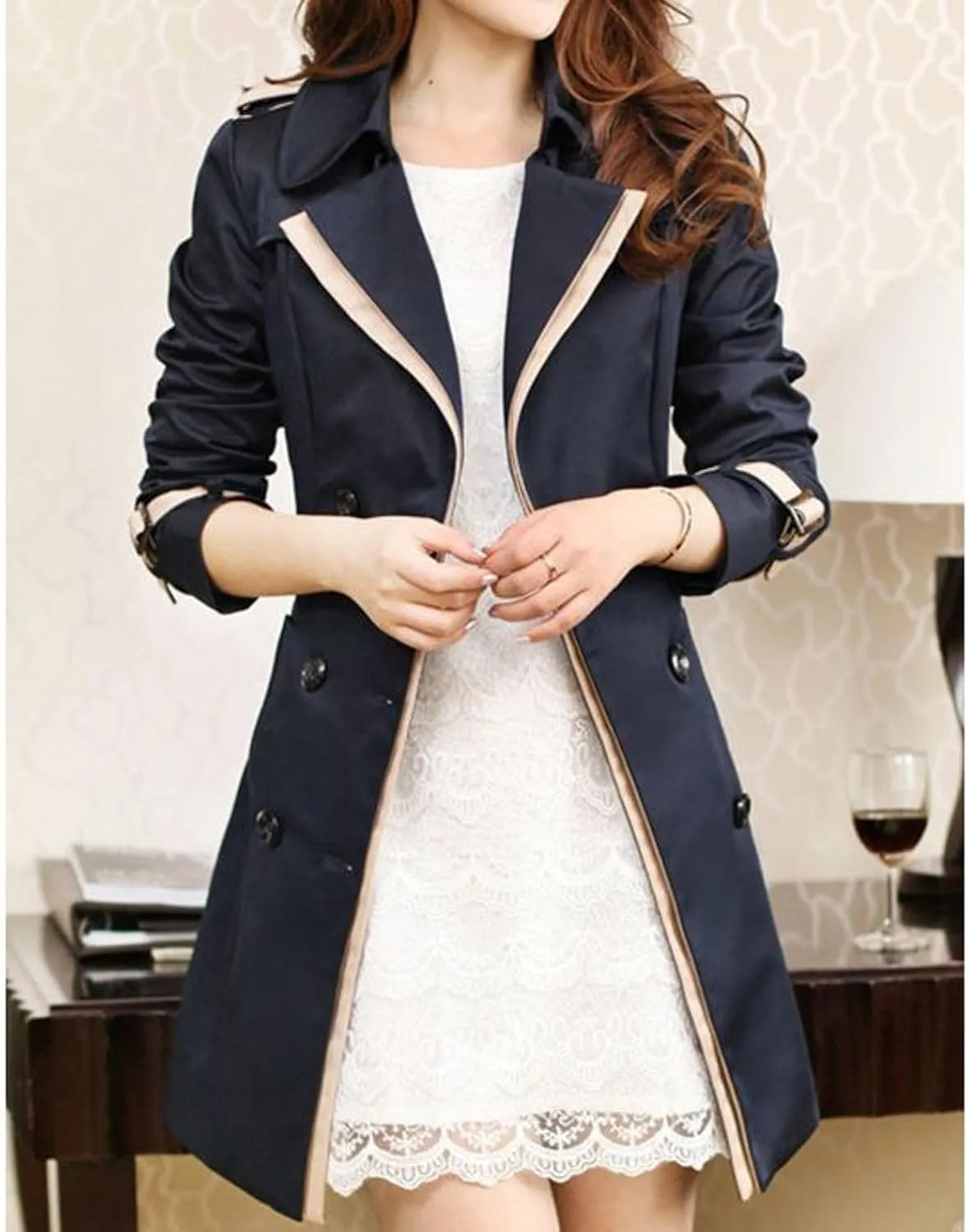 Lu's Chic Women's Trench Coat Contrast Color Double Breasted Jacket Fashion Dressy Overcoat Belted Slim Fit Outerwear Coat
