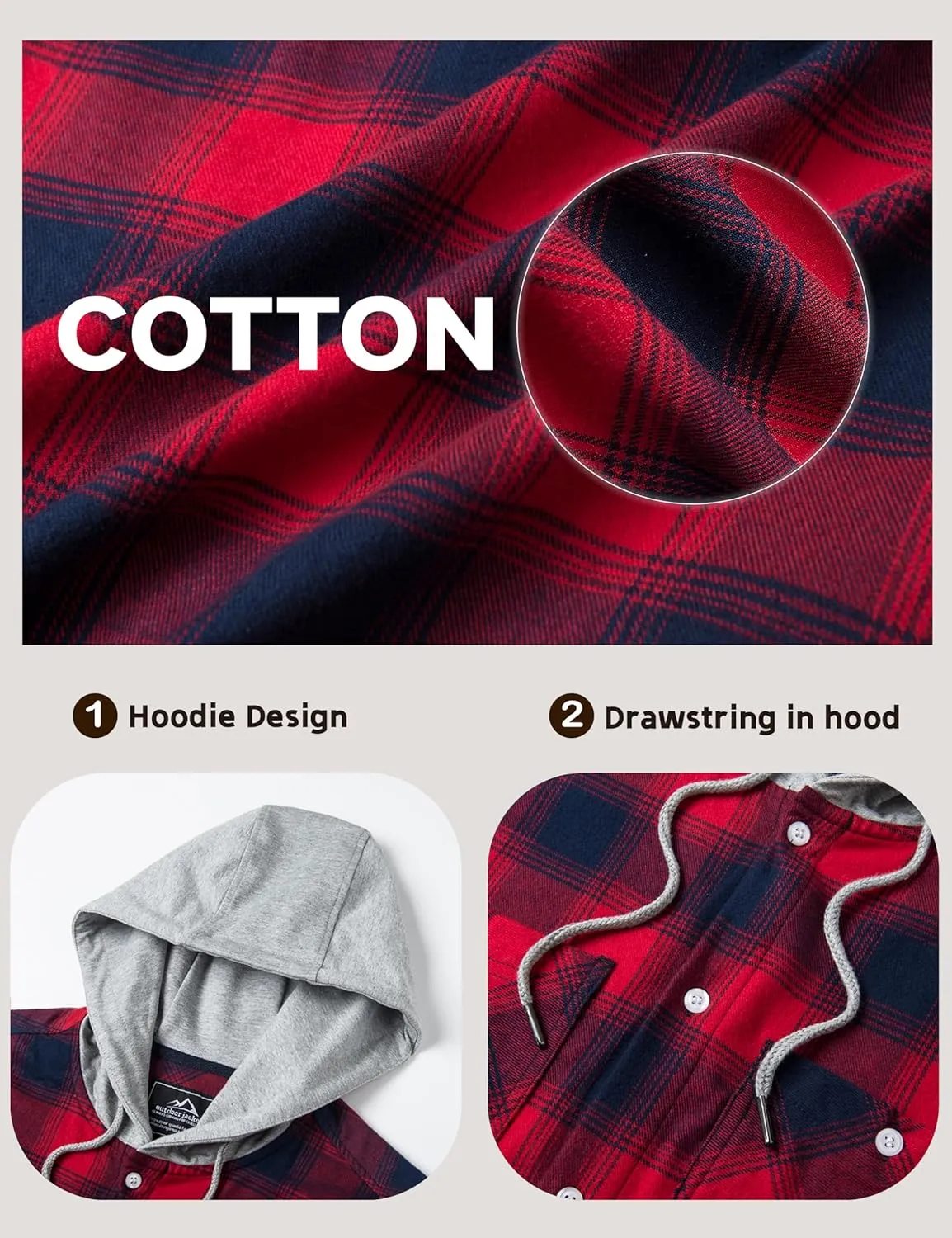 MAGCOMSEN Men's Flannel Shirts Long Sleeve Button Down Flannel Shirt Jacket with Hood Casual Cotton Plaid Shirt
