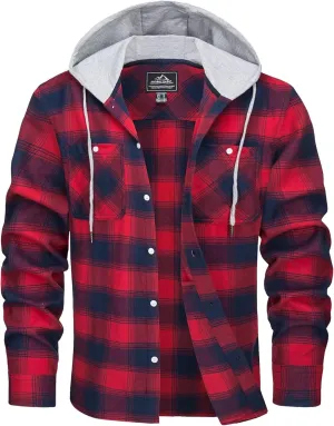 MAGCOMSEN Men's Flannel Shirts Long Sleeve Button Down Flannel Shirt Jacket with Hood Casual Cotton Plaid Shirt
