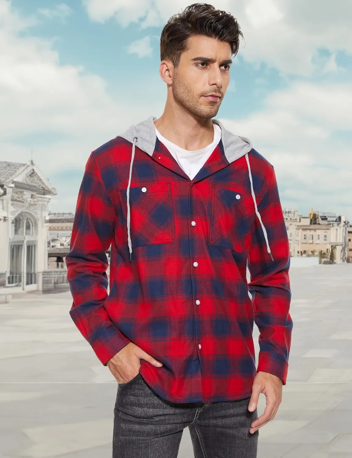MAGCOMSEN Men's Flannel Shirts Long Sleeve Button Down Flannel Shirt Jacket with Hood Casual Cotton Plaid Shirt