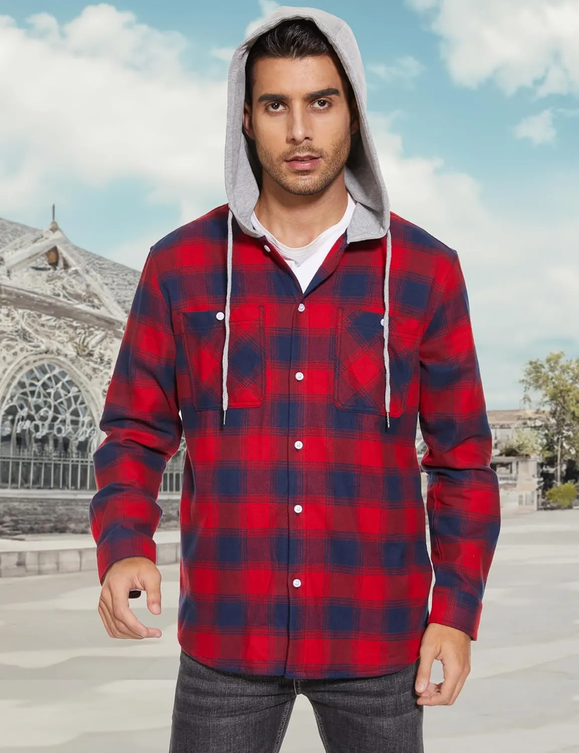 MAGCOMSEN Men's Flannel Shirts Long Sleeve Button Down Flannel Shirt Jacket with Hood Casual Cotton Plaid Shirt