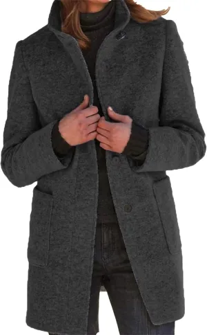 Maiyifu-GJ Womens Elegant Single Breasted Wool Trench Coat Casual Stand Collar Slim Fit Jacket Fall Long Sleeve Cardigan
