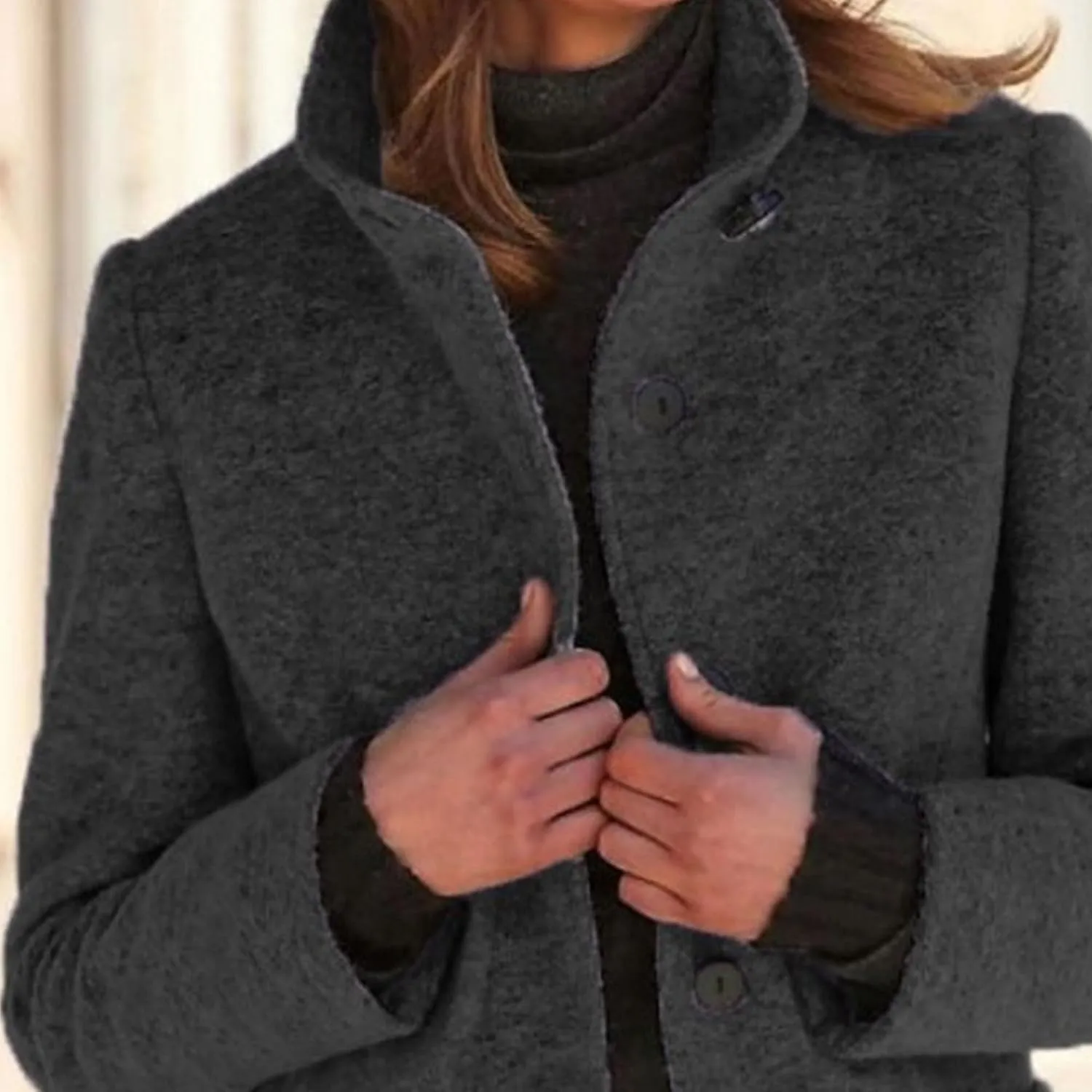 Maiyifu-GJ Womens Elegant Single Breasted Wool Trench Coat Casual Stand Collar Slim Fit Jacket Fall Long Sleeve Cardigan