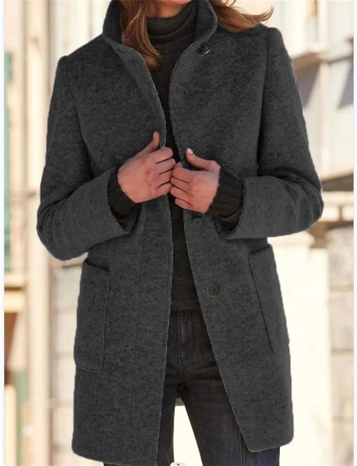 Maiyifu-GJ Womens Elegant Single Breasted Wool Trench Coat Casual Stand Collar Slim Fit Jacket Fall Long Sleeve Cardigan