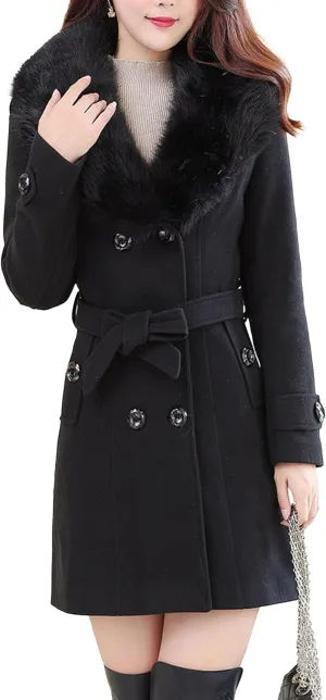 Maiyifu-GJ Women's Faux Fur Lapel Double Breasted Wool Trench Coat Winter Warm Mid-length Coat Jacket Overcoat with Belt