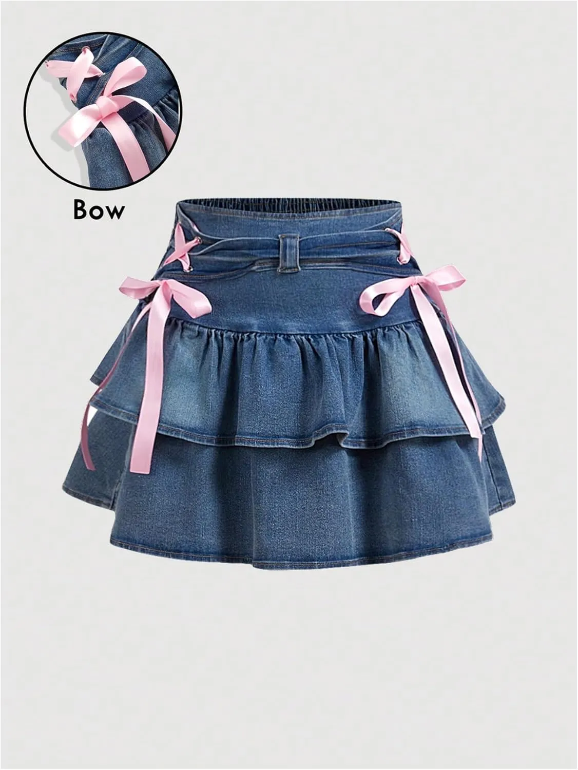 MakeMeChic Women's Bow Knot Denim Mini Skirt Shirred Ruffle Tiered Short Jean Skirts