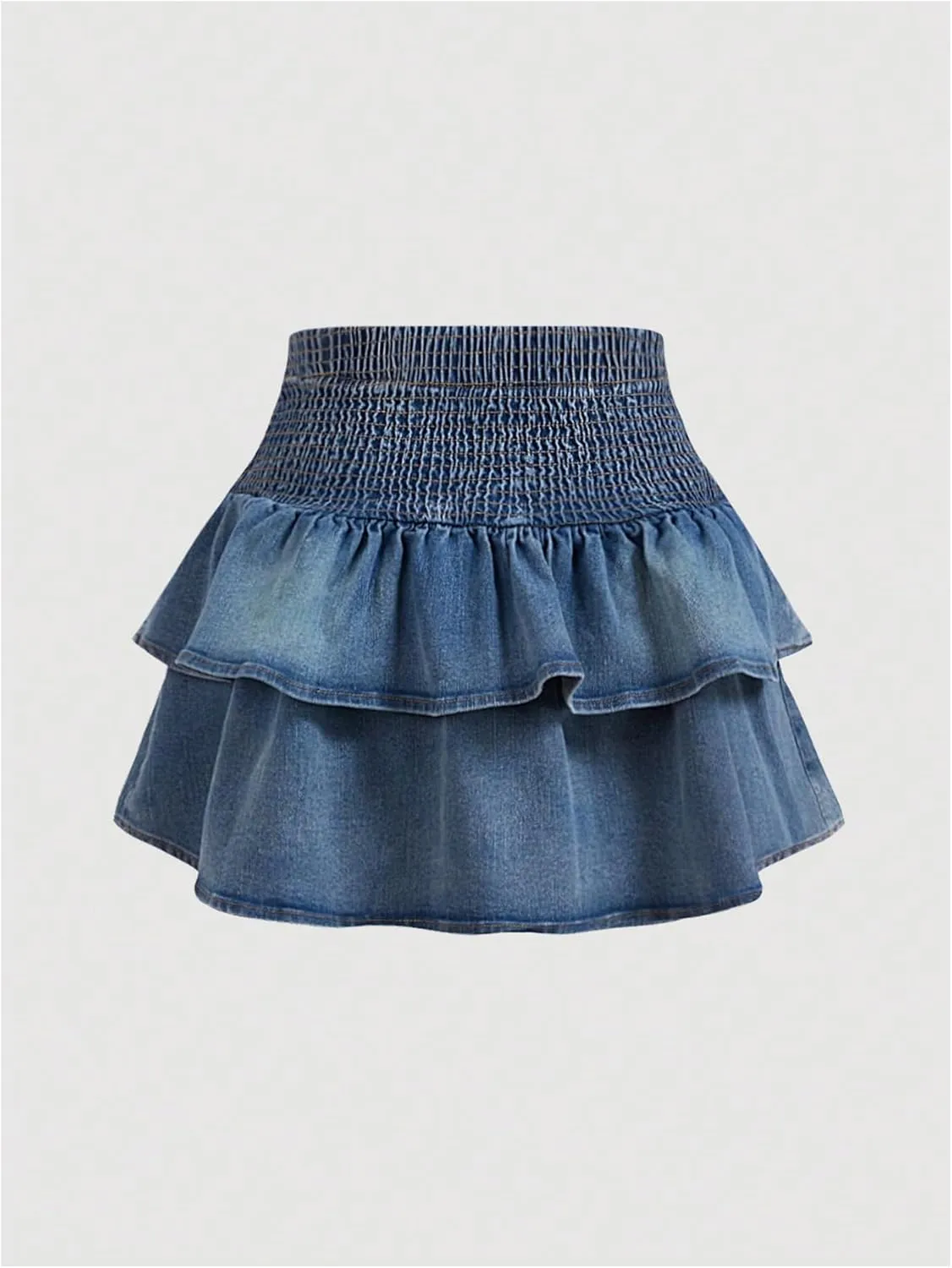MakeMeChic Women's Bow Knot Denim Mini Skirt Shirred Ruffle Tiered Short Jean Skirts