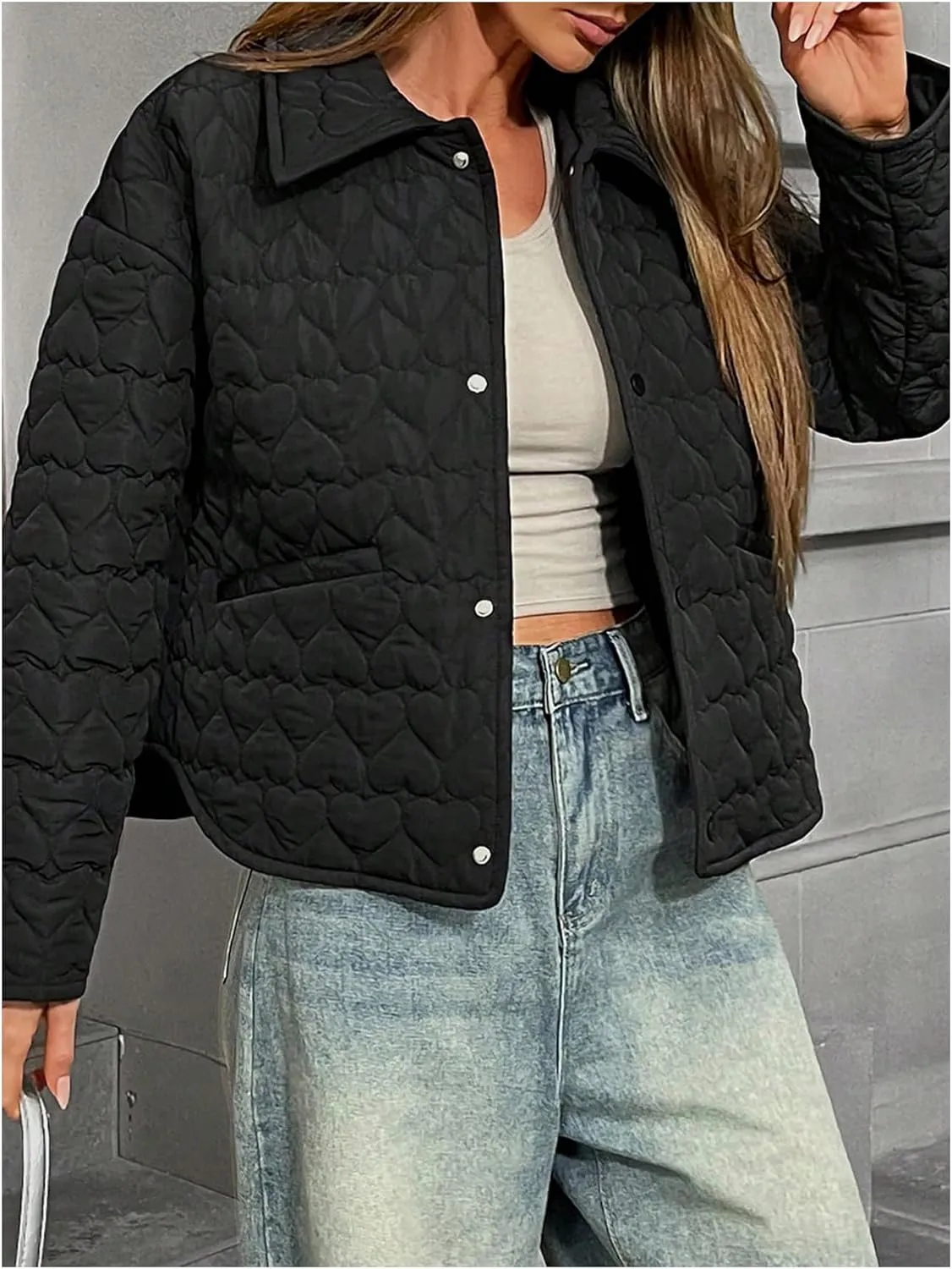 MakeMeChic Women's Button Down Quilted Jacket Long Sleeve Drop Shoulder Coat Outerwear