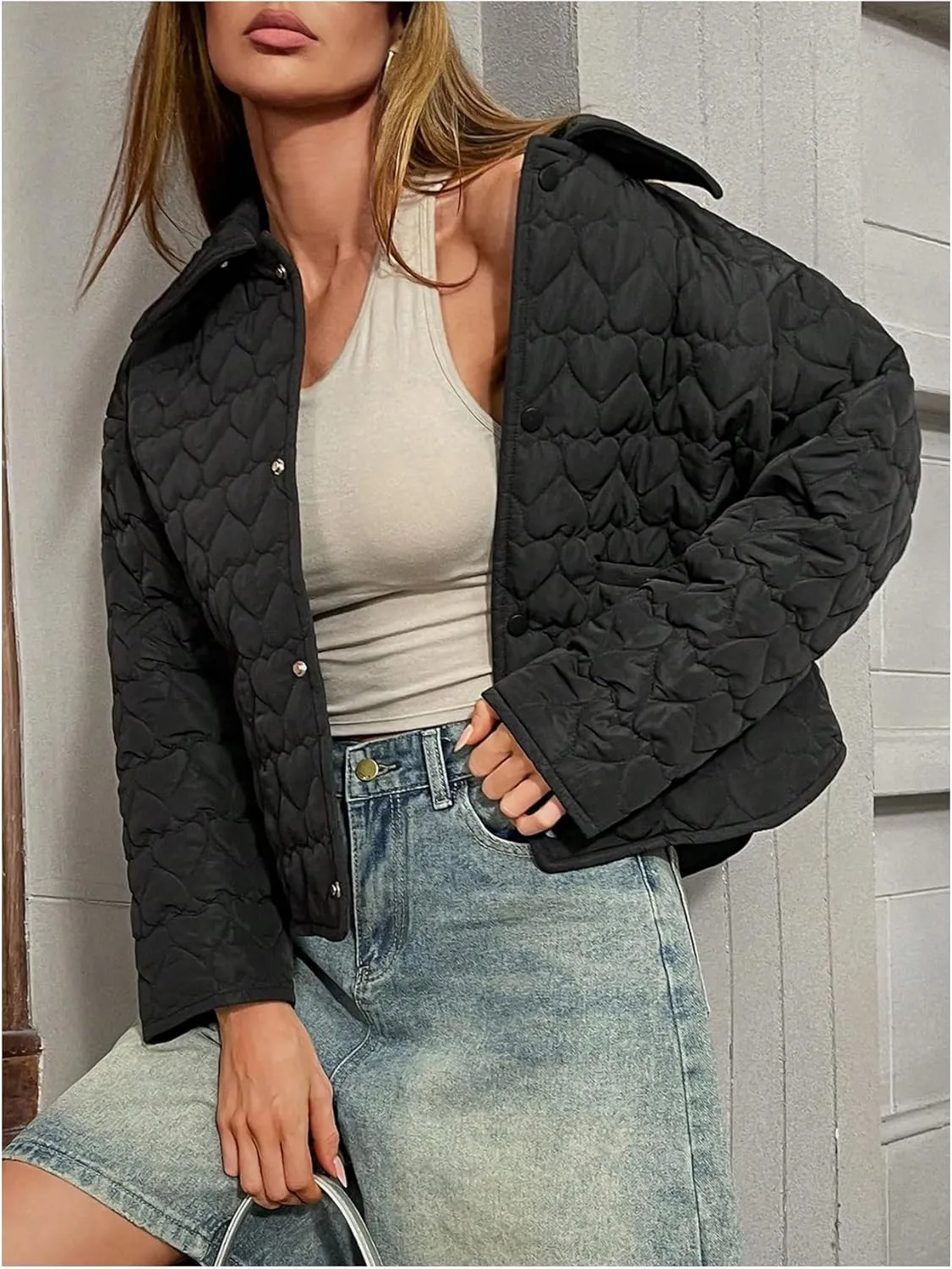 MakeMeChic Women's Button Down Quilted Jacket Long Sleeve Drop Shoulder Coat Outerwear
