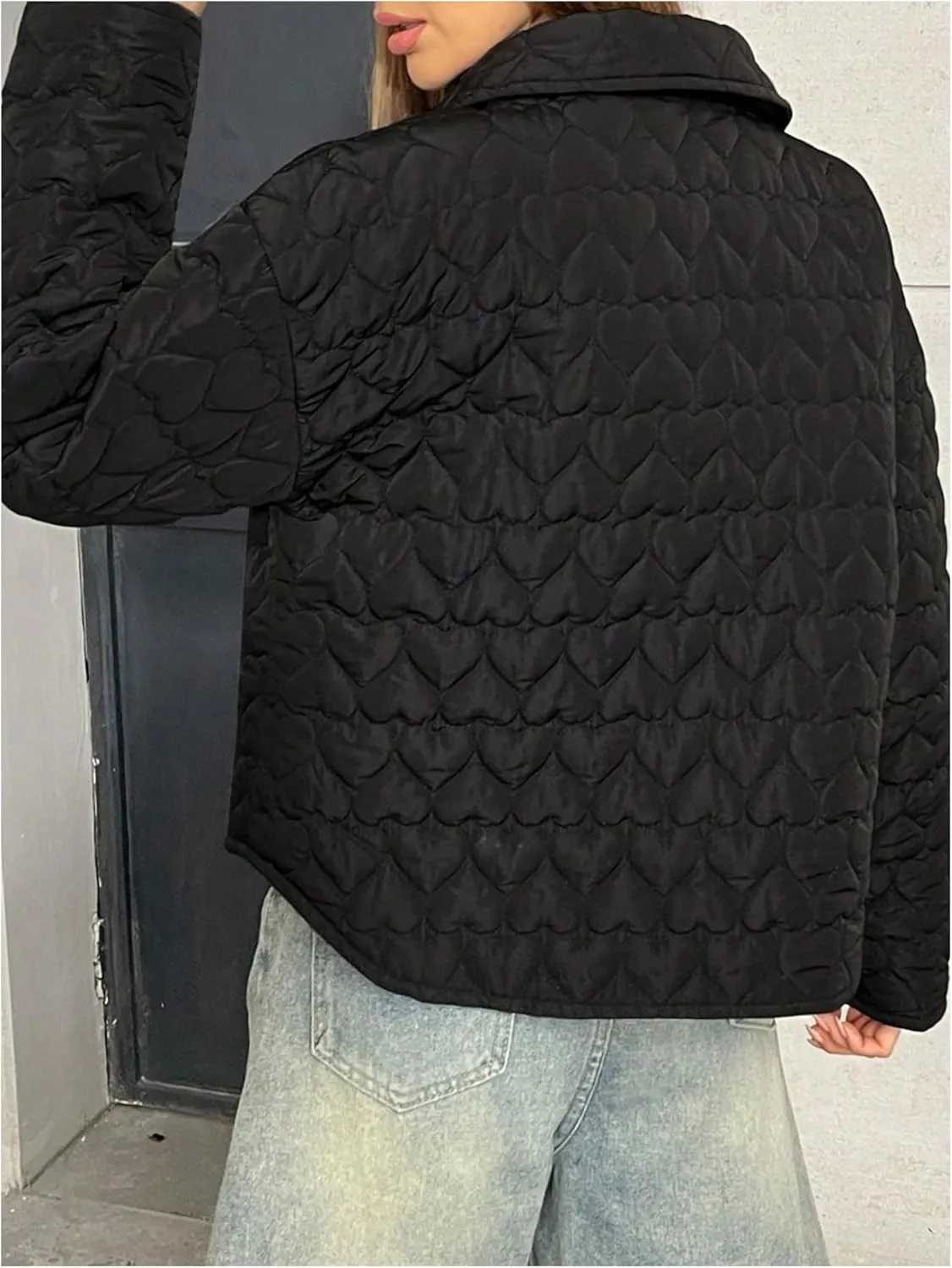 MakeMeChic Women's Button Down Quilted Jacket Long Sleeve Drop Shoulder Coat Outerwear