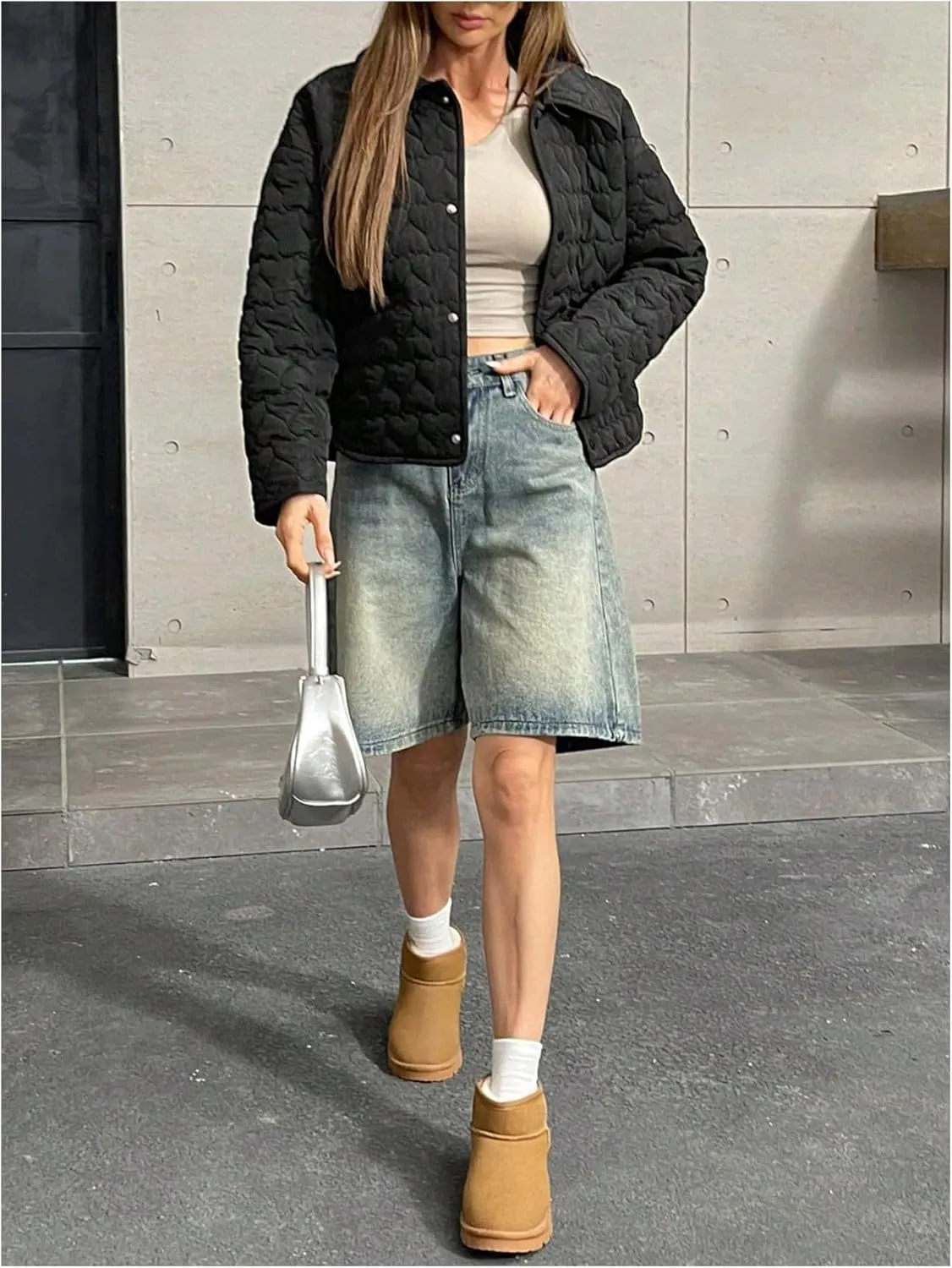 MakeMeChic Women's Button Down Quilted Jacket Long Sleeve Drop Shoulder Coat Outerwear