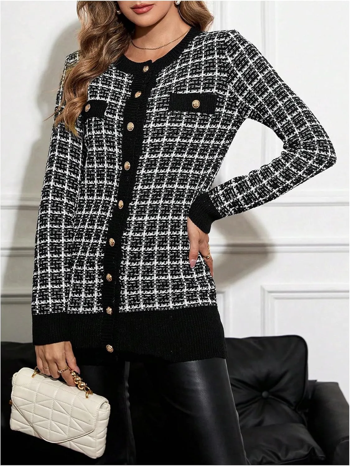 MakeMeChic Women's Cardigan Sweater Plaid Button Down Knit Outerwear