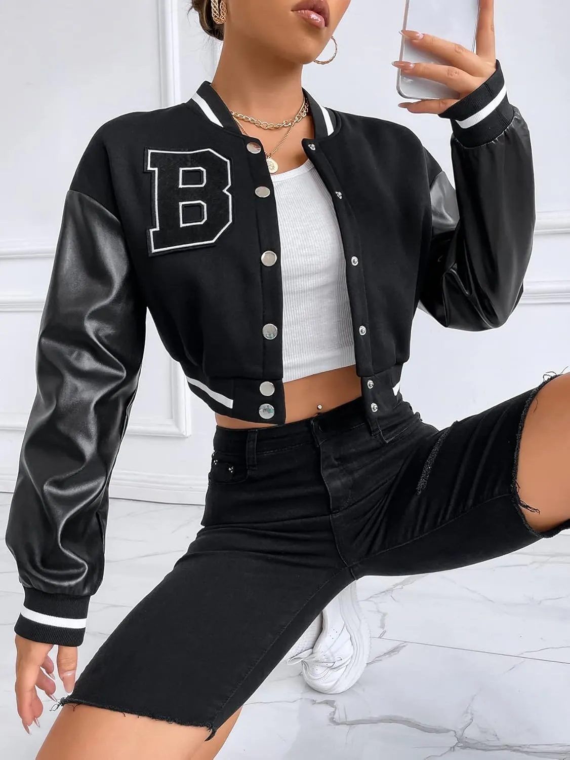 MakeMeChic Women's Casual Button Down Long Sleeve Letter Print Jacket Outerwear