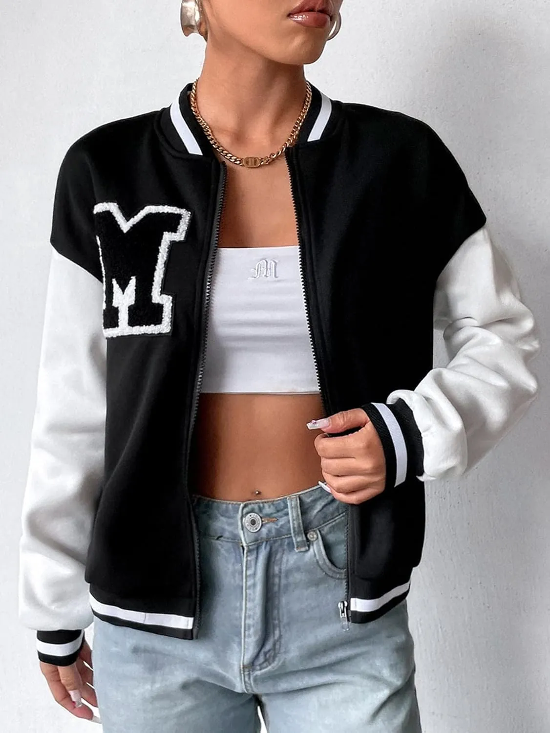MakeMeChic Women's Casual Button Down Long Sleeve Letter Print Jacket Outerwear